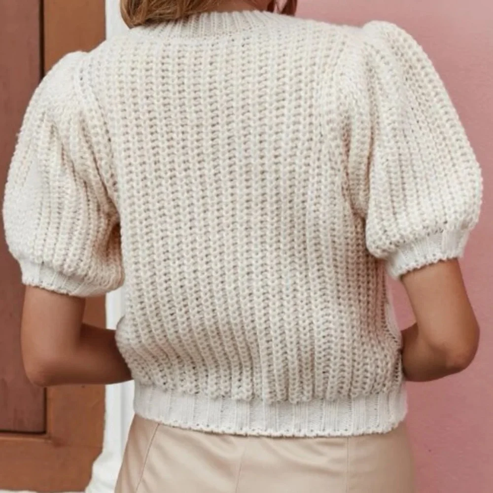 NEW CHUNKY CABLE KNIT PUFF SLEEVE SWEATER TOP - ECRU - Picture 5 of 5